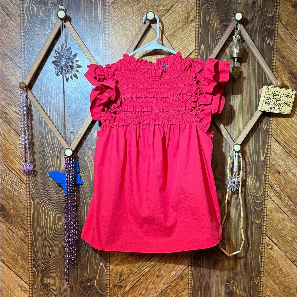 Vibrant Red Ruffle Sleeve Blouse